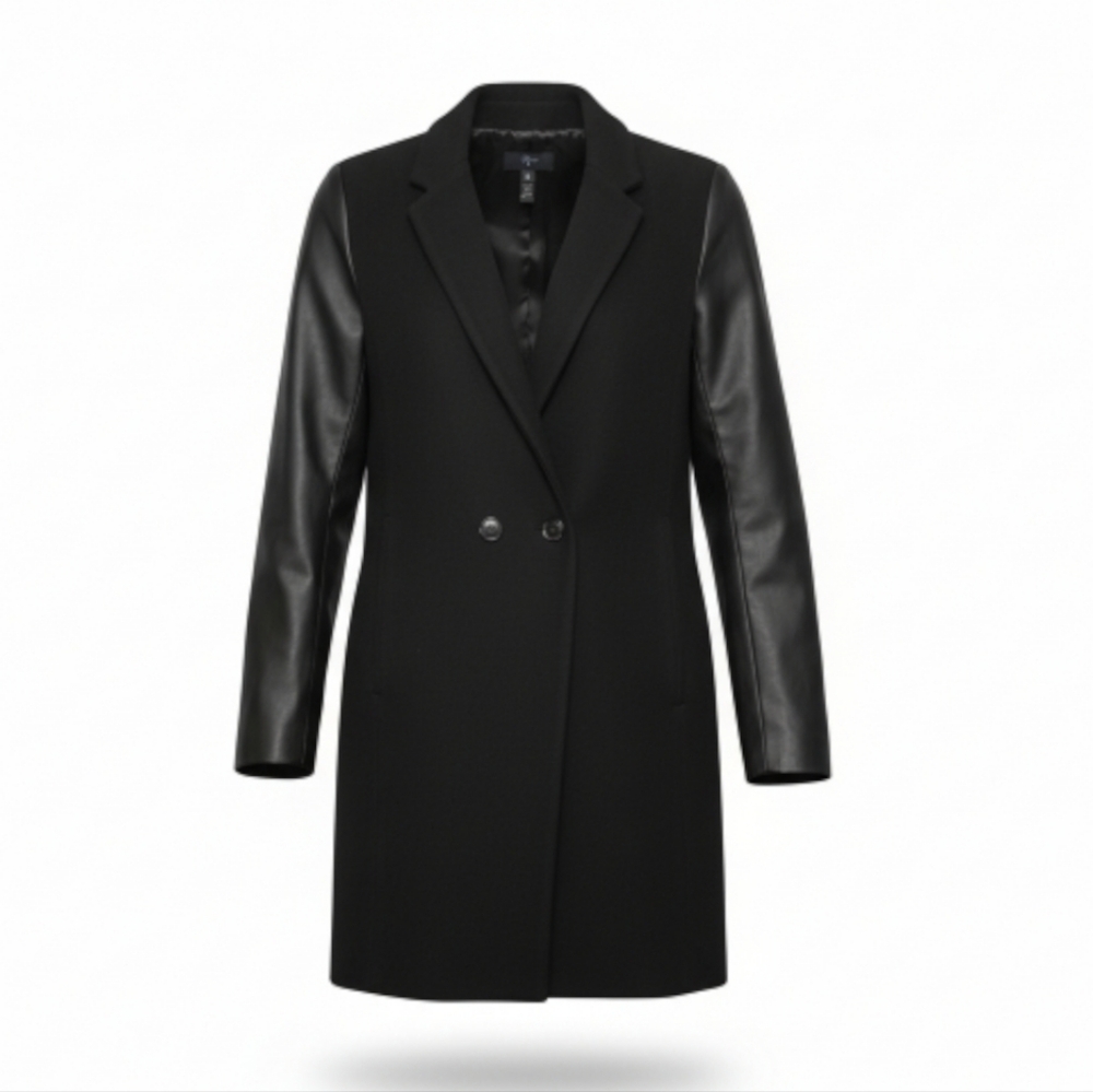 Aqua Women's Wool Pea Coat Faux Leather Sleeves Black SZ S